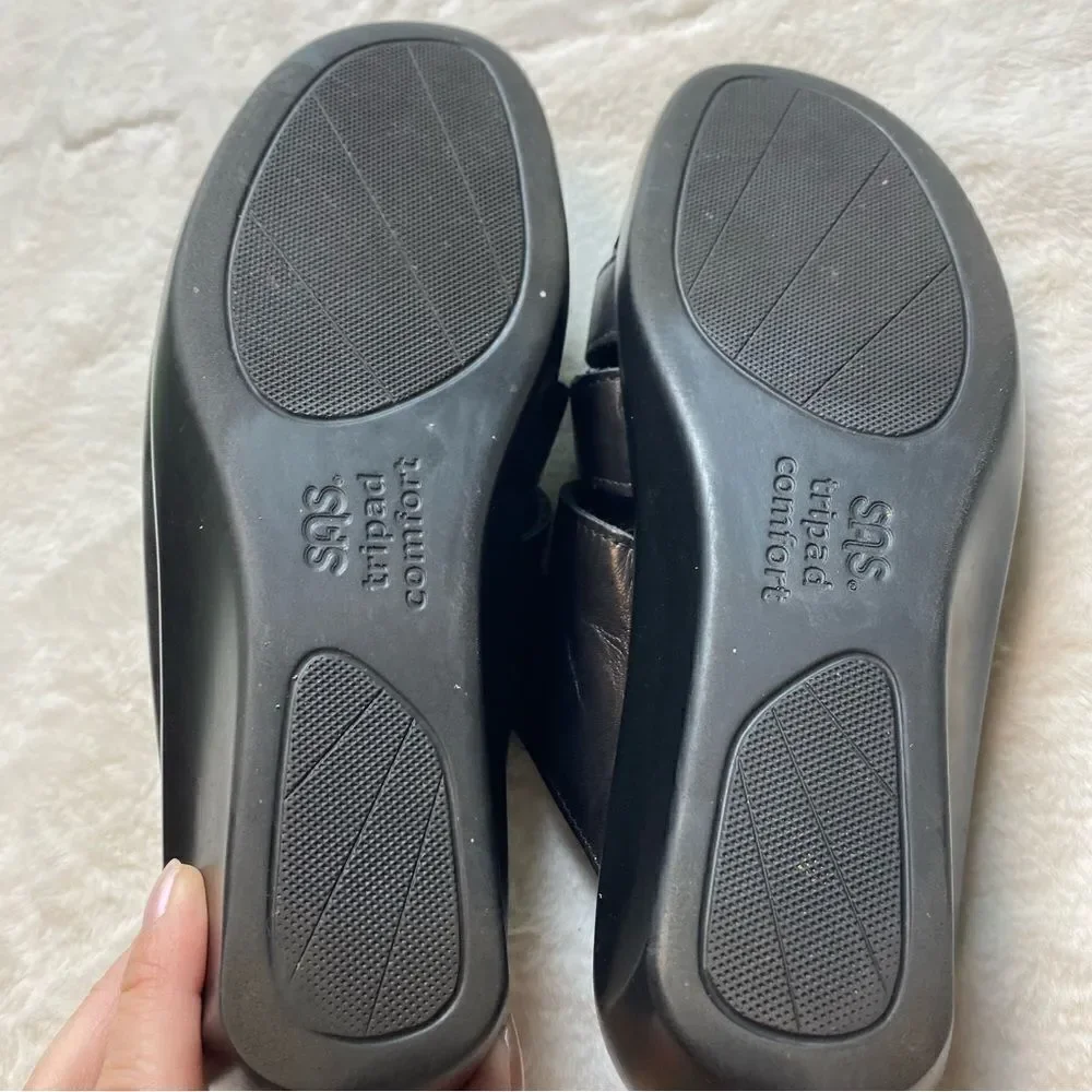 SAS Tripod Comfort Black Leather Slip On Sandals Size 10 N